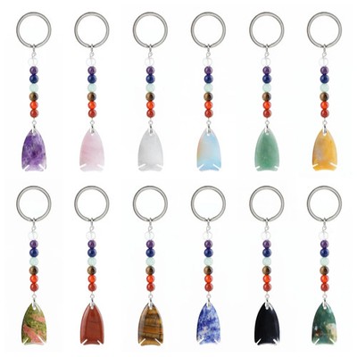 Craved Gemstone Fish Keychain with 7 Chakra Beads for Car Keys Bag Charm Decor
