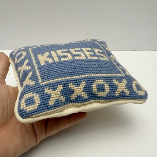 Vintage Needlepoint Kisses XOXO Light Blue Mini Accent Pillow - Picture 2 of 8