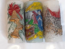 Vintage Christmas Pillar CANDLES Lot Of 3 JASCO Bells, Nativity And Carriage