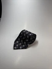 Geoffrey Beene Long Necktie Abstract 100% Silk Gray W Silver Blue White Yellow