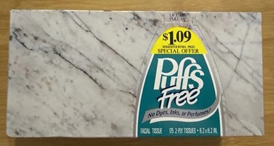 Vintage NOS Puffs Free No Dye, Inks, or Perfume 1988 box of 2 ply tissues (6a)