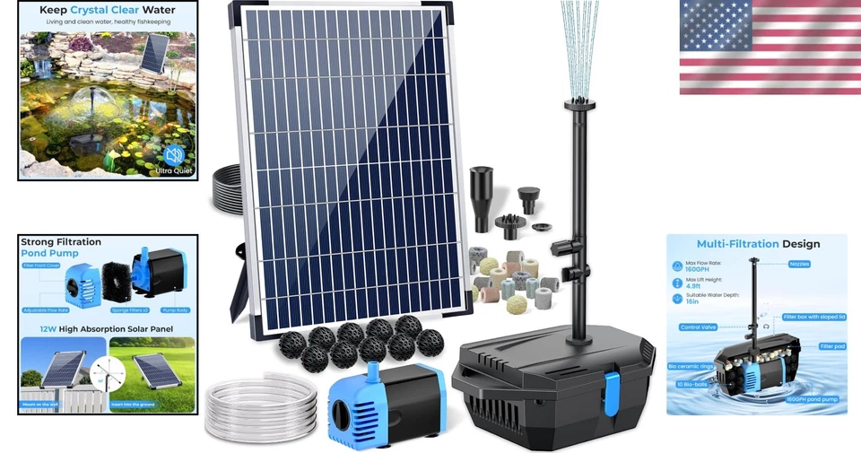 Sistema de filtro de estanque ecológico con energía solar con bomba de 160 GPH, tubería de 6,6 pies Foto 2 de 4