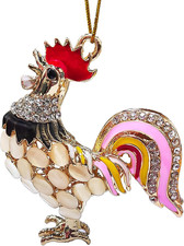 Chicken Ornaments for Christmas Tree, Rooster Ornament, Metal Rooster with Rhine