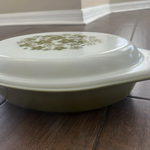 VTG Pyrex Spring Blossom 1 Quart Divided Casserole W/lid Crazy Daisy 70’s Green