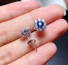 2Ct Round Cut Lab Created Blue Sapphire Halo Stud Earrings 14K White Gold Plated