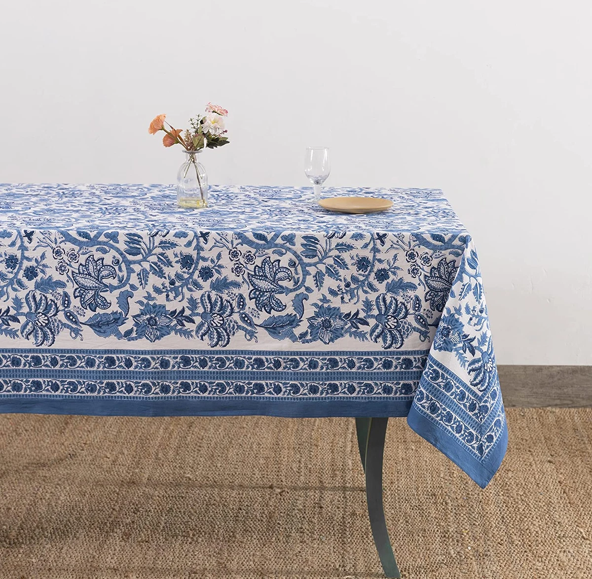 Indian Block Print Tablecloth Floral Cotton Table Cover Blue