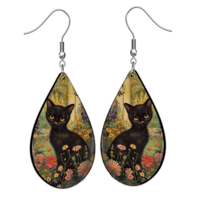 Black Cat Teardrop Earrings Summer Flower Garden Floral Art Print Silver Wires