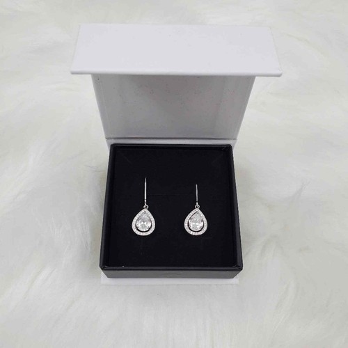 Cate & Chloe Earrings 18K White Gold Teardrop CZ Halo Drop Earrings - Picture 2 of 8