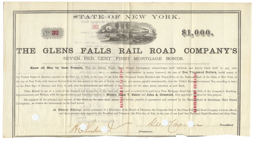 LOT OF 5 Glens Falls Rail Road Company Bond Certificates (New York, Dated 1869!)