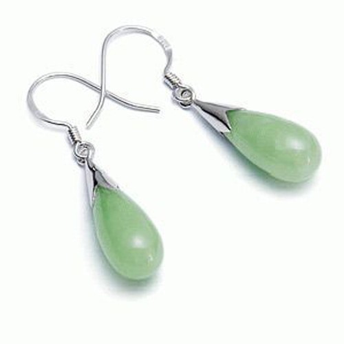 Natural Light Green Jade Water Drop Silver Hook Earrings Women Girl - Picture 2 of 3