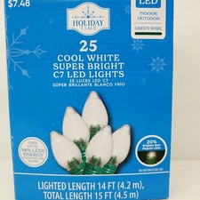 Holiday Time - 25 Cool White C7 Super Bright LED String Lights Green Wire