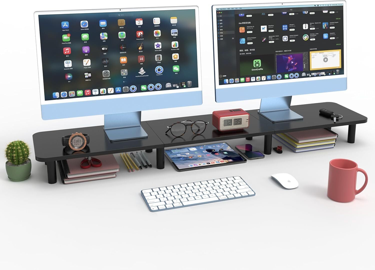 Large Wood & Steel TV Stand for Dual Monitors - 43.7-Inch Wide Riser