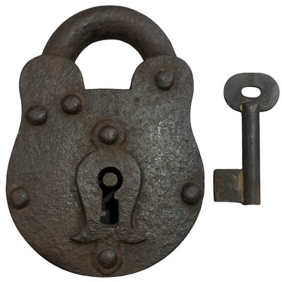 Old or antique iron padlock lock with key heavy and big