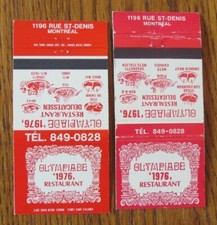 DELI RESTAURANT MATCHBOOK COVERS: OLYMPIADE 1976 MONTREAL, QUEBEC MATCHCOVERS D8