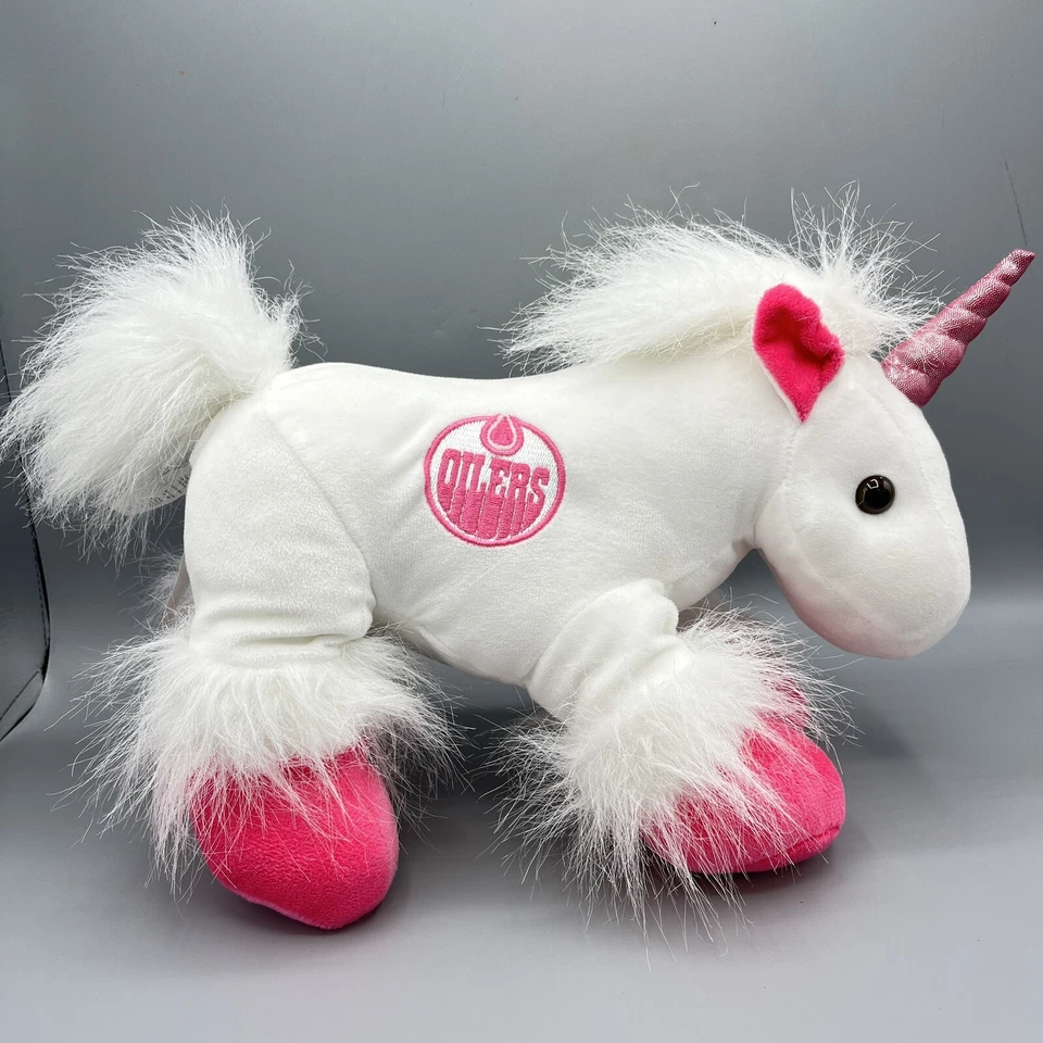 Peluche FoCo NHL Edmonton Oilers Logo Unicornio Esponjoso 13" Blanco y Rosa Foto 3 de 4