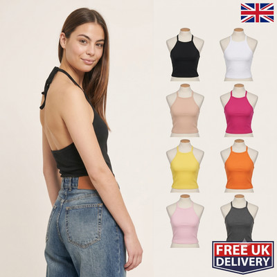 Damen Uni Neckholder Crop Top Single Tie Up Rückenfrei Party Clubwear Sommer