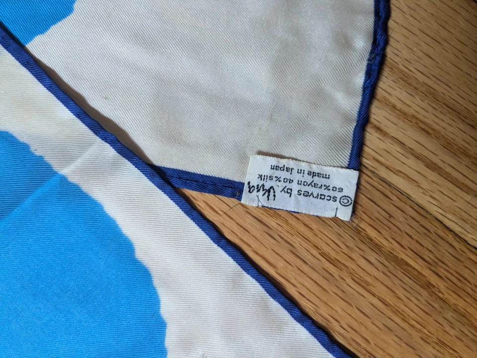 Bufanda vera vintage años 60 70 mezcla seda gráfico retro floral naranja azul 44,5" x14 Foto 4 de 4