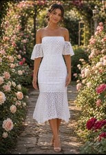 Farm Rio Off-The-Shoulder Eyelets White Cotton Women's Dress Size Small #C