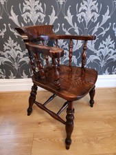 19th C Captains Bow Seat Smokers Chair Elm Turned Arm Supports Double HStretcher
