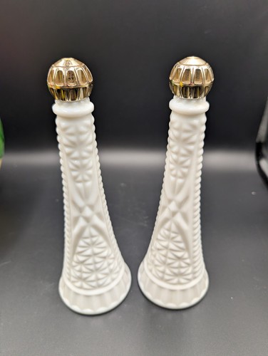 vintage Diamond Cut milk glass cruets with gold-colored caps 8.5" - Picture 1 of 7