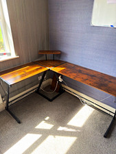 L-Shaped Corner Desk Brown Wood Top Black Metal Frame w/ Shelf 155x115cm