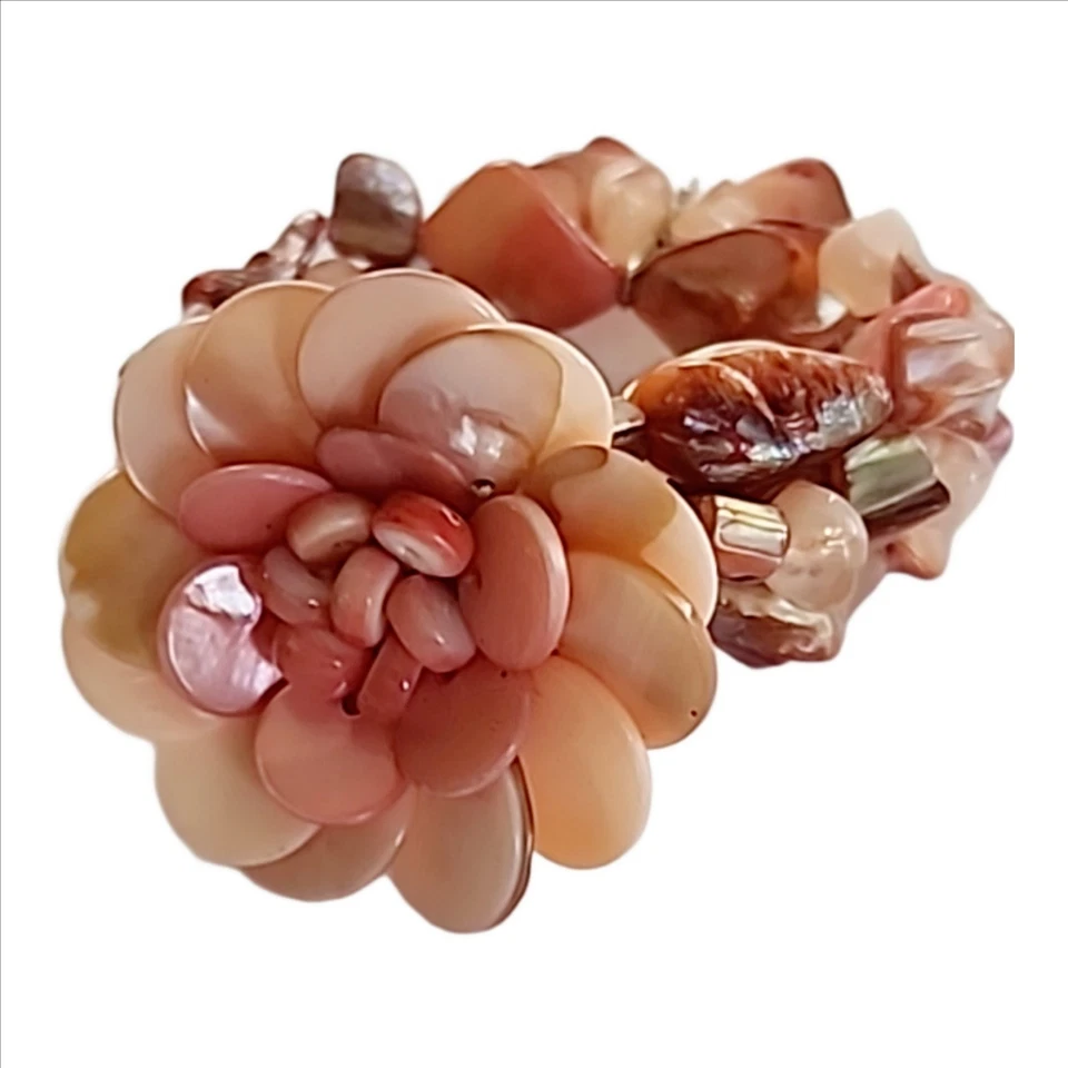 Boho Cuff Shell Large Flower Pink Peach Beads Bracelet Vintage - Image 3 of 4