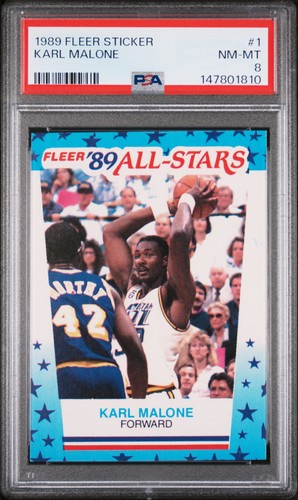 1989 Fleer Sticker #1 Karl Malone PSA 8 Jazz HOF NBA Basketball Vintage Card