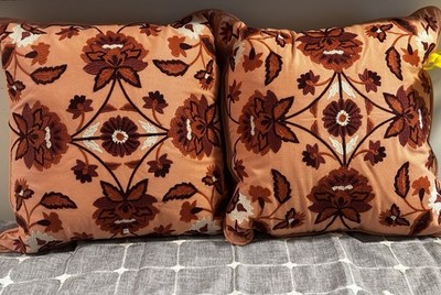 Set of 2 Salmon Floral Embroidered Boho Throw Pillows 18x18 Square Zip