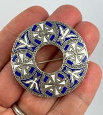 Superb large antique Victorian c 1890 sterling silver Scottish enamel brooch pin