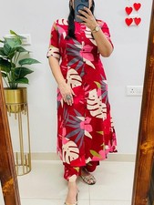Indian Women Tropical Print Kurta Pant Set Red Black Co-ord Ethnic Casual Wear