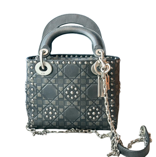 Authentic Dior Lady Dior Mini Grey Leather Cannage Studded Bag Silver Hardware