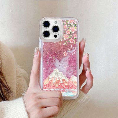 For Various Phone Quicksand Case Snow Mountain Cherry Blossoms Liquid Cover Girl