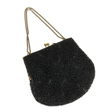 La Regale Vintage Black Beaded Evening Bag With Gold Chain Strap