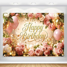 Happy Birthday Backdrop Banner for Women Girls Princess Pink Floral Flower Wall