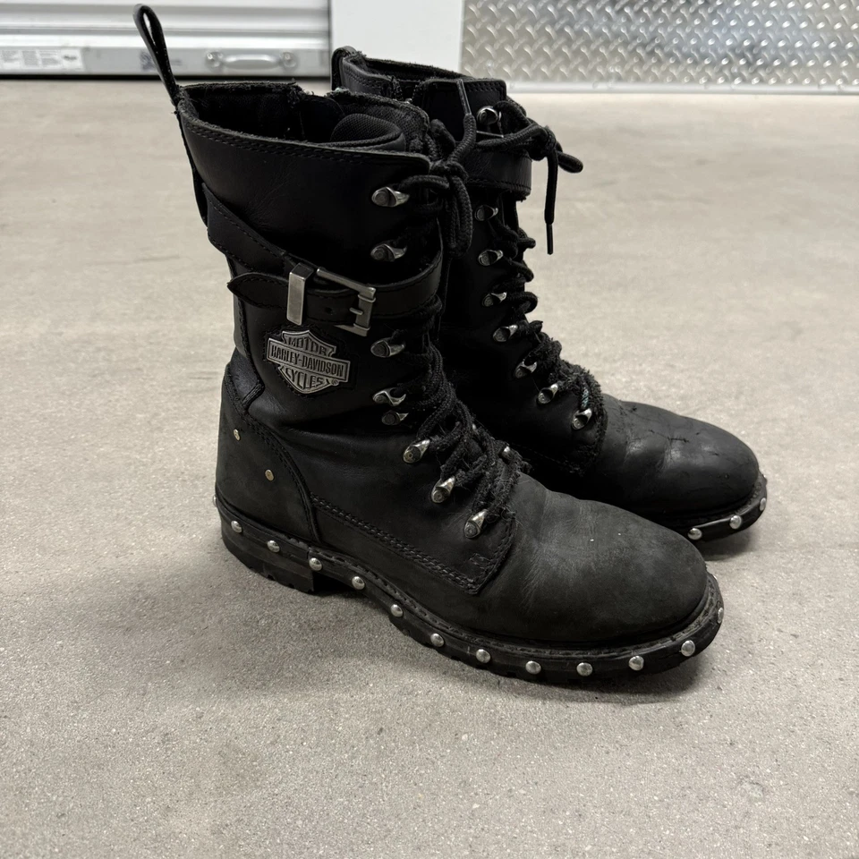 Botas de motocicleta Harley-Davidson de cuero con cordones y cremallera tachonadas para hombre talla 9 Foto 2 de 4