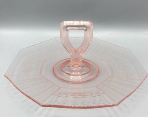 pink depression glass cake plate with handles