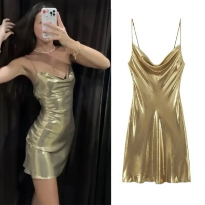ZARA NWT METALLIC MINI DRESS WITH RHINESTONE STRAPS SIZE SMALL color: GOLD  | eBay