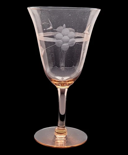 One 7” Tall Pink Depression Glass Etched Stemware Wine Glass
