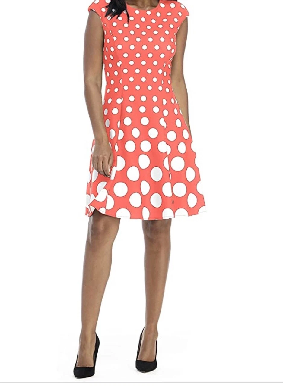 London Times Women's Plus Size 18W Coral & White Cap SLV Fit/Flare Dress NWT