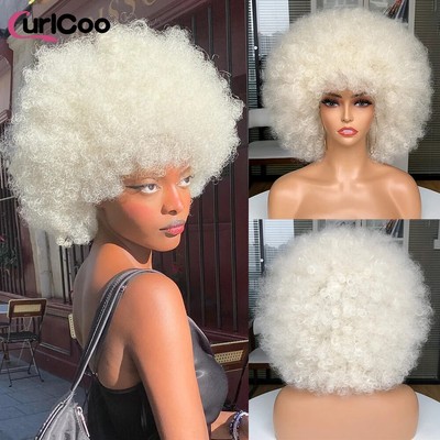 Kinky Curly Wigs with Bangs Synthetic Wig Ombre Cosplay Natural Blonde White Wig