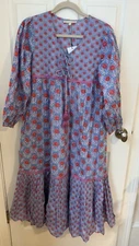 Ophelia & Indigo Dress Elvie Blue And Red Midi  Sleeve  Size XS NWT