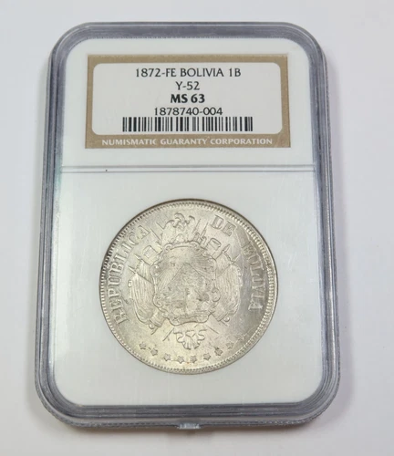 1872 FE NGC MS63 | BOLIVIA - Elaborate Shield - 1 Boliviano Coin #39213A
