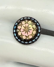 Antique Victorian Button Prong Set Carved  Mother Of Pearl Blue Iridescent Glass