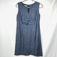 Sara Campbell Big Bow Linen-Blend Dress 4 Blue Denim-Look Pockets Prairie Boho
