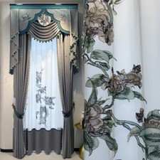 Upscale French bedroom grey cloth blackout curtain tulle valance drape C2087