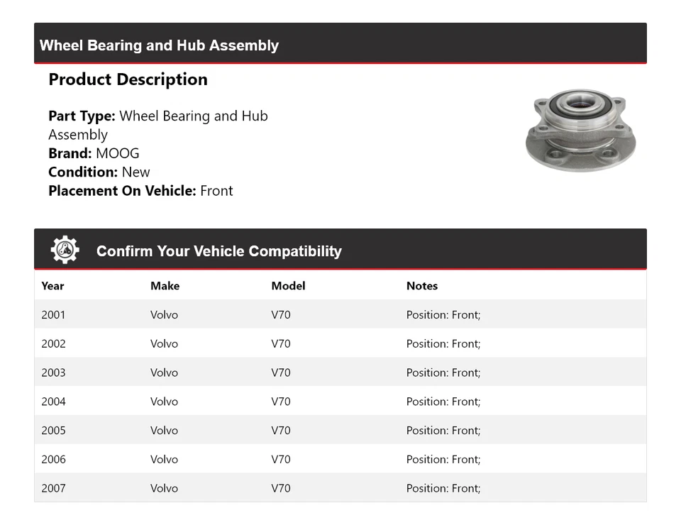 Conjunto de cojinete de rueda y buje delantero MOOG 2001 2002 2003 para Volvo V70 2001-2007 Foto 2 de 4