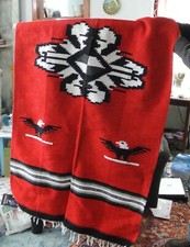 Vintage Thunderbird Native Southwest Style Poncho Cover Wool Blend   Red