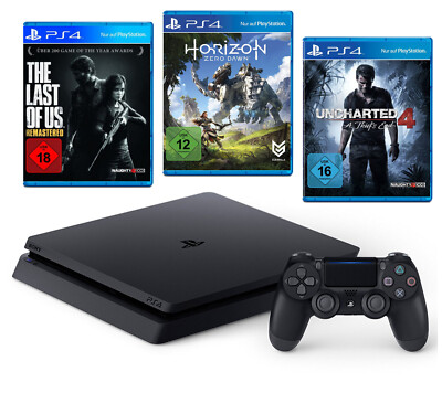 PS4 Konsole Slim 1TB schwarz + Uncharted 4 + Last of Us + Horizon Zero Dawn + Or