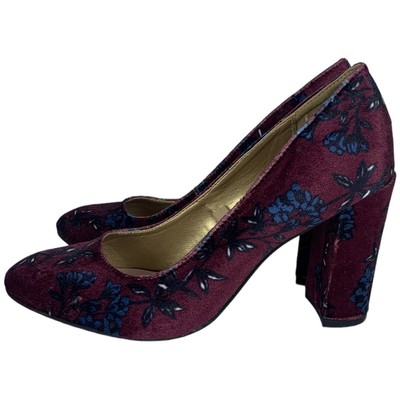 Libby Edelman Sean Block Heel Womens Size Maroon Velvet Floral Shoes  EUC