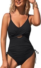 Attraco One Piece Twist front Ribbed Swimsuit Size S UK10 Black UPF Protection